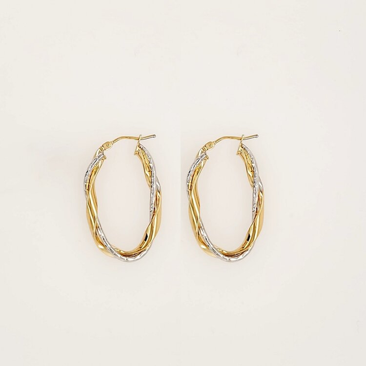 31202 14K TWO TONE 1.25" HIGH POLISH AND DIAMOND CUT FINISH OVAL TWISTED HOOPS