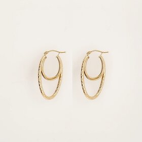 31203 14K YELLOW GOLD 1.20" HIGH POLISH AND DIAMOND CUT SMALL AND BIG DOUBLE TWISTED OVAL HOOPS