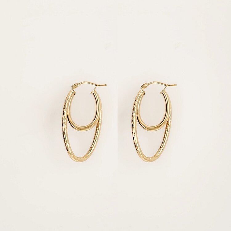 31203 14K YELLOW GOLD 1.20" HIGH POLISH AND DIAMOND CUT SMALL AND BIG DOUBLE TWISTED OVAL HOOPS