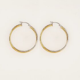 31201 14K TWO TONE 1.40" HIGH POLISH AND TWIST STYLE DOUBLE HOOPS