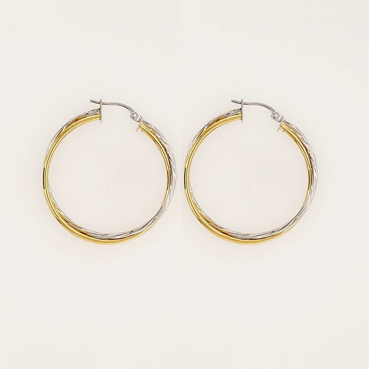 31201 14K TWO TONE 1.40" HIGH POLISH AND TWIST STYLE DOUBLE HOOPS