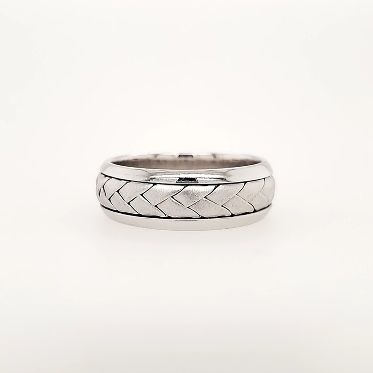475235 14K WHITE GOLD HANDMADE BRAIDED CANTER WITH HIGH POLISHED EDGE 7.5MM MEN'S WEDDING BAND