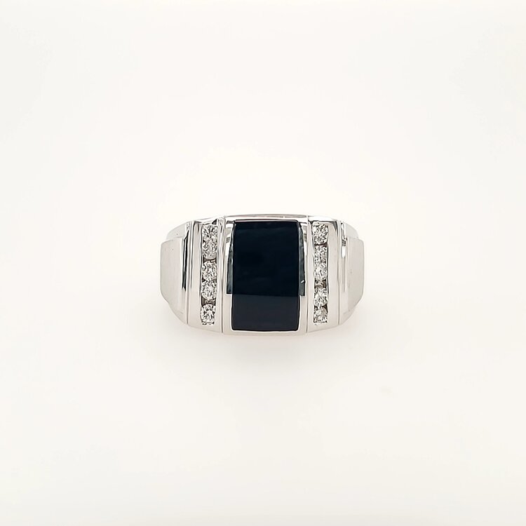 45048 14K WHITE GOLD .36CT DIAMOND AND RECTANGULAR ONYX MEN'S RING