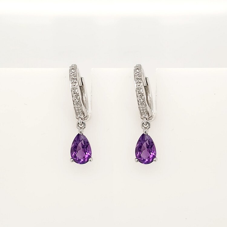 31208  14K WHITE GOLD .04CTW DIAMOND AMETHYST PEAR SHAPE HANGING EARRINGS
