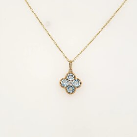 70629 14K YELLOW GOLD .02CTW DIAMOND BLUE TOPAZ CLOVER SHAPE MILGRAIN PENDANT NECKLACE