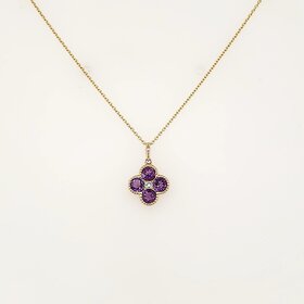 70630 14K YELLOW GOLD .02CTW DIAMOND AMETHYST CLOVER SHAPE MILGRAIN PENDANT NECKLACE