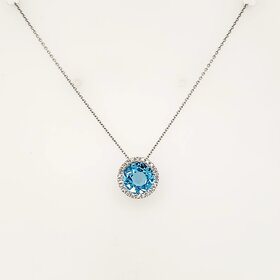70633 14K WHITE GOLD .05CTW DIAMOND HALO BLUE TOPAZ PENDANT NECKLACE