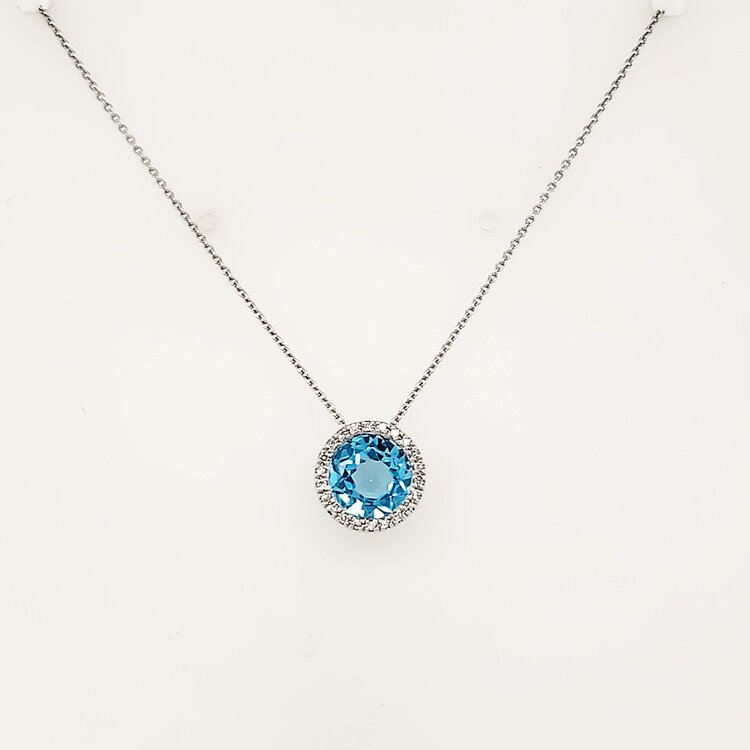 70633 14K WHITE GOLD .05CTW DIAMOND HALO BLUE TOPAZ PENDANT NECKLACE