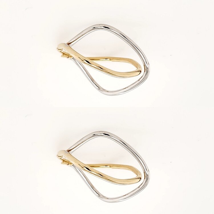 31214 14K TWO TONE 1.40" HIGH POLISH RHOMBUS SHAPE CROSS OVER DESIGN HOOPS