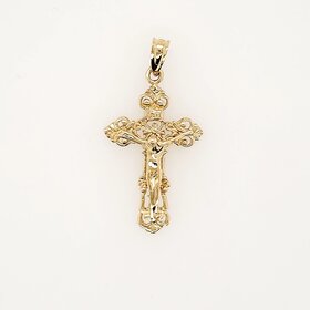 77301 14K YELLOW GOLD 1.35" FLEUR DE LIS INRI CRUCIFIX