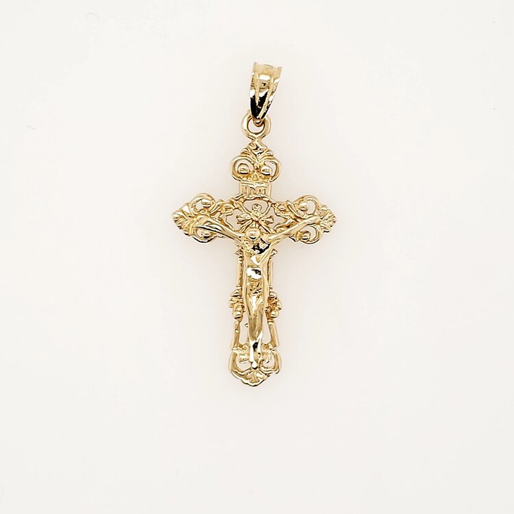 77301 14K YELLOW GOLD 1.35" FLEUR DE LIS INRI CRUCIFIX