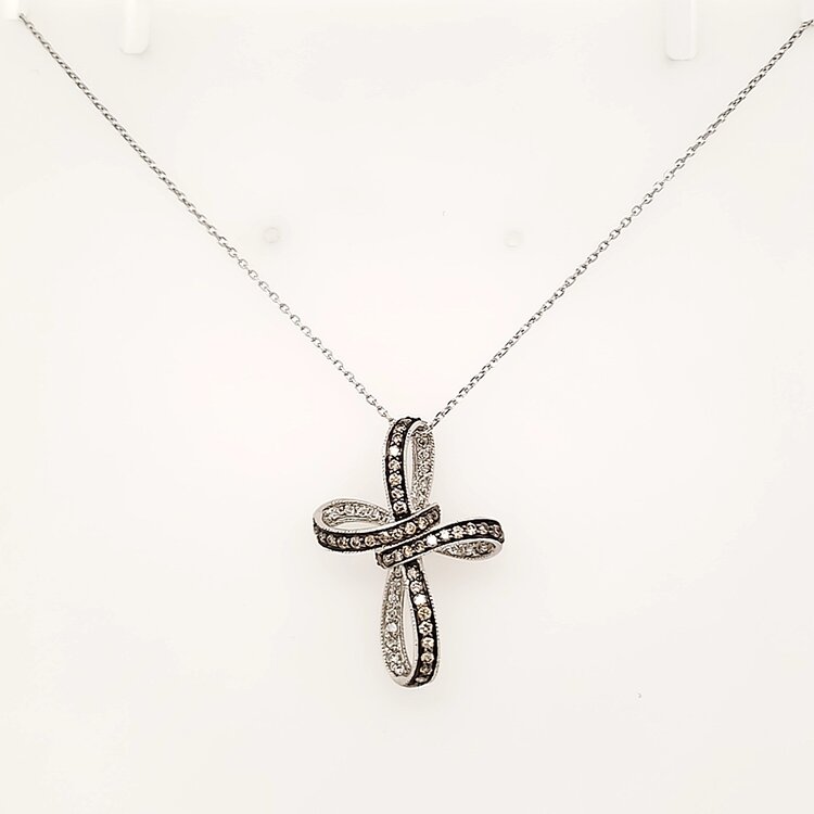 75053 14K WHITE GOLD .50CTW CHOCOLATE DIAMOND SWIRL DESIGN CROSS SLIDE PENDANT NECKLACE