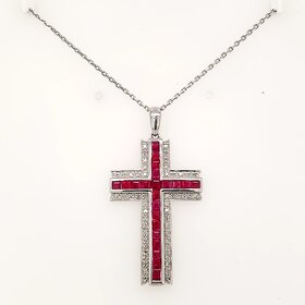 70637 14K WHITE GOLD RUBY WITH .25CT DIAMOND GLITTER BORDER CROSS