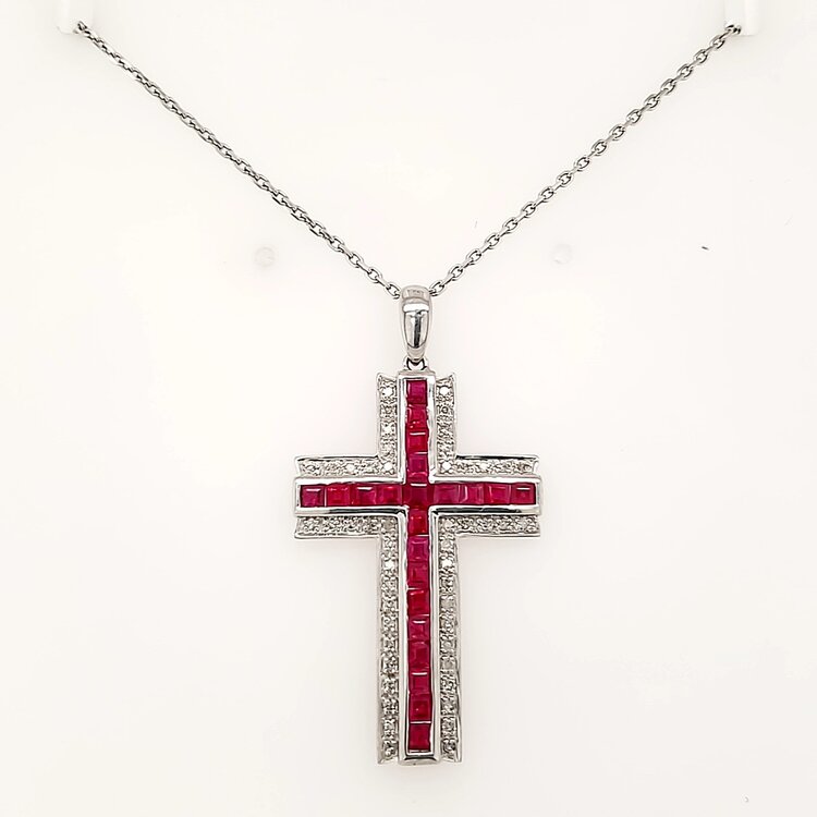 70637 14K WHITE GOLD RUBY WITH .25CT DIAMOND GLITTER BORDER CROSS