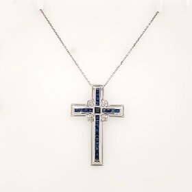 70636 14K WHITE GOLD SAPPHIRE WITH DIAMOND CENTER BORDER CROSS PENDANT