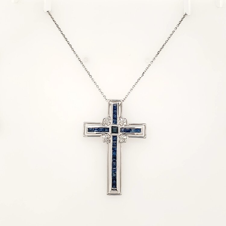 70636 14K WHITE GOLD SAPPHIRE WITH DIAMOND CENTER BORDER CROSS PENDANT