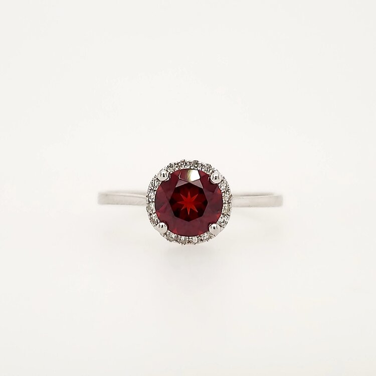 40344 14K WHITE GOLD .10CTW DIAMOND HALO  ROUND GARNET LADIES RING