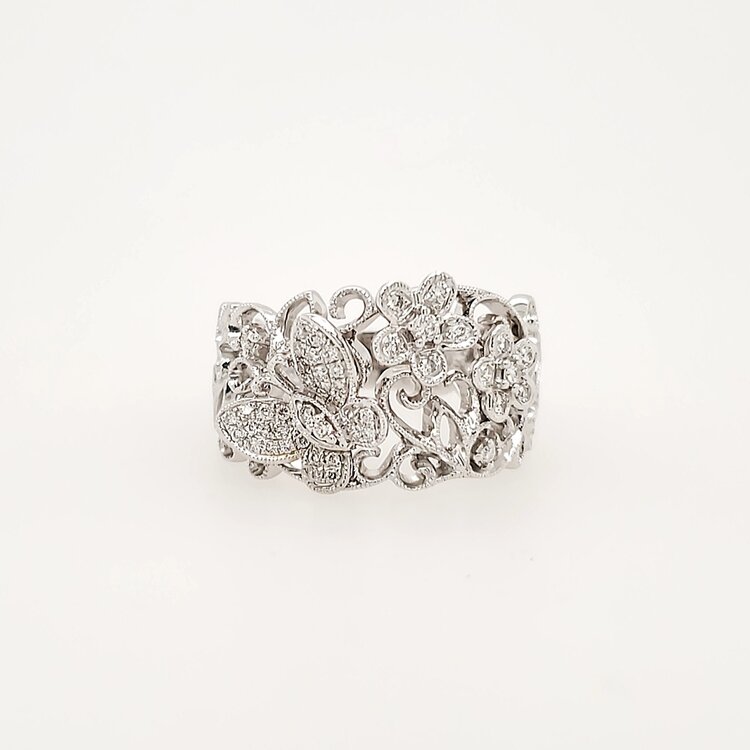 40342 18K WHITE GOLD .27CTW DIAMOND BUTTERFLY FLORAL MILGRAIN FASHION LADIES RING