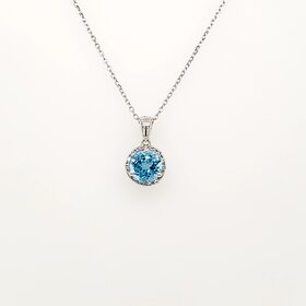 70643 14K WHITE GOLD .10CTW DIAMOND HALO ROUND BLUE TOPAZ PENDANT NECKLACE