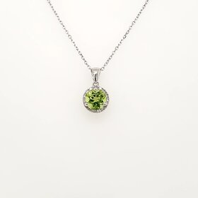 70642 14K WHITE GOLD .10CTW DIAMOND HALO ROUND PERIDOT PENDANT NECKLACE