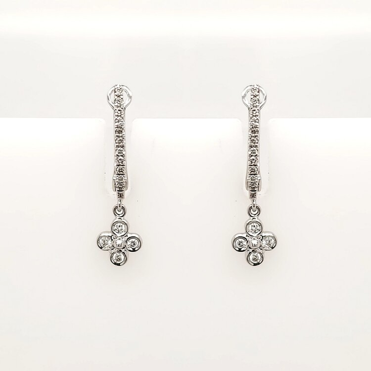 31215 18K WHITE GOLD .18CTW DIAMOND OVAL  HUGGIE WITH DANGLING BEZEL SET FLOWER SHAPE EARRINGS