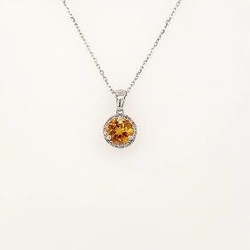 70641 14K WHITE GOLD .10CTW DIAMOND HALO ROUND CITRINE PENDANT NECLKACE