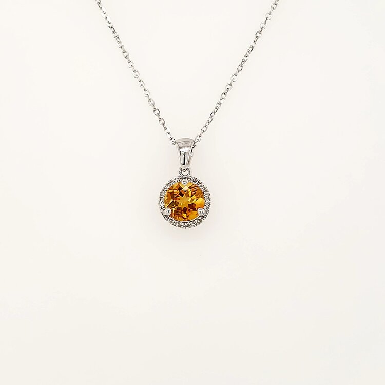 70641 14K WHITE GOLD .10CTW DIAMOND HALO ROUND CITRINE PENDANT NECLKACE