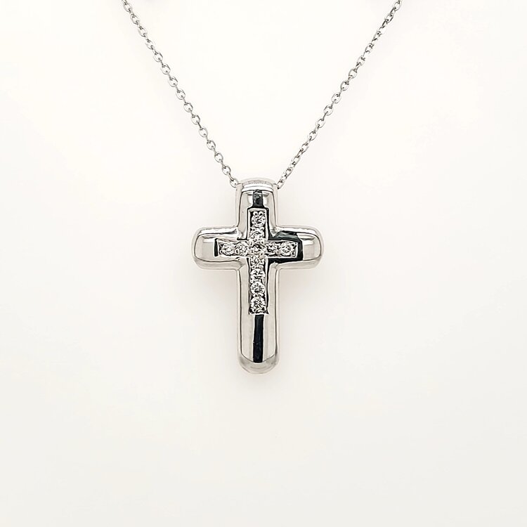 70638 PLATINUM .15CTW DIAMOND CENTER HIGH POLISH CROSS  WITH 14K WHITE GOLD CHAIN PENDANT NEKCLACE