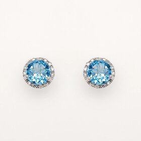 31216 18K WHITE GOLD .10CTW DIAMOND HALO ROUND BLUE TOPAZ STUDS