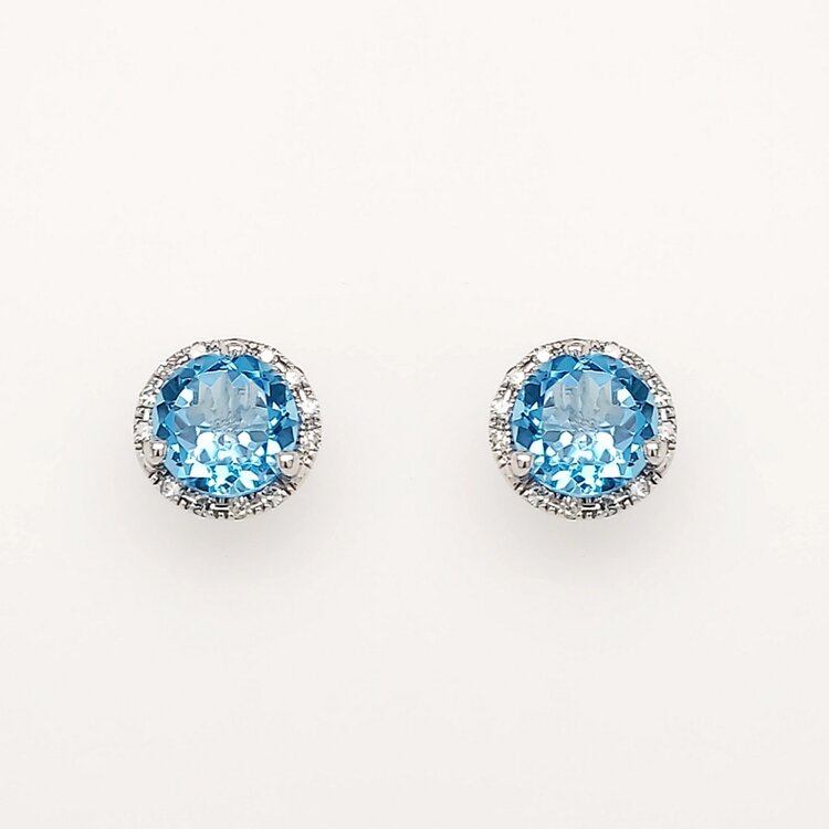 31216 18K WHITE GOLD .10CTW DIAMOND HALO ROUND BLUE TOPAZ STUDS
