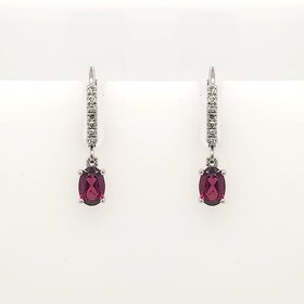 31218 10K WHITE GOLD .10CTW DIAMOND OVAL RHODOLITE HANGING LEVER BACKS EARRINGS