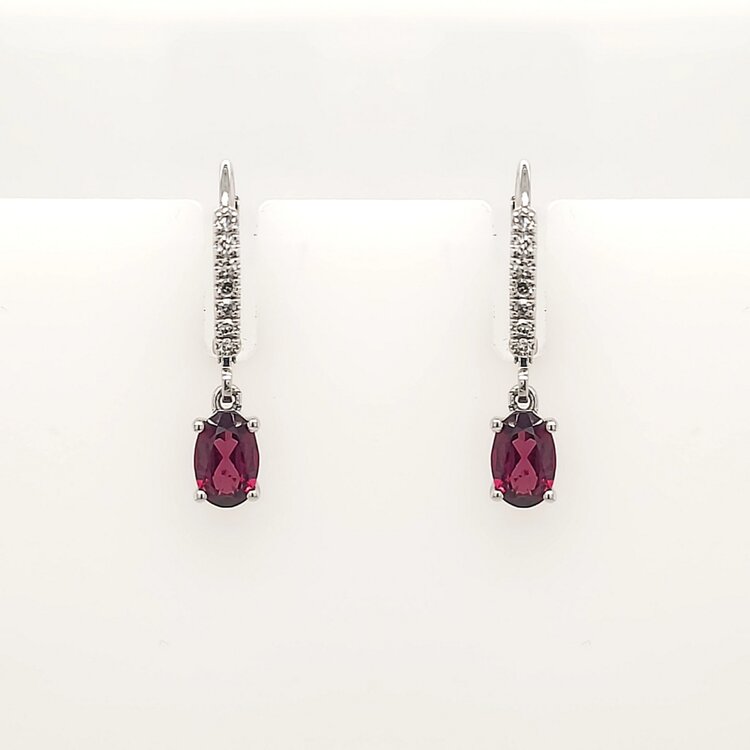 31218 10K WHITE GOLD .10CTW DIAMOND OVAL RHODOLITE HANGING LEVER BACKS EARRINGS