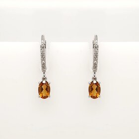 31220 10K WHITE GOLD .10CTW DIAMOND OVAL CITRINE HANGING LEVER BACKS EARRINGS