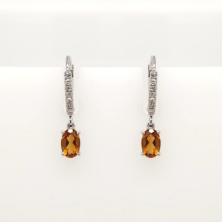 31220 10K WHITE GOLD .10CTW DIAMOND OVAL CITRINE HANGING LEVER BACKS EARRINGS