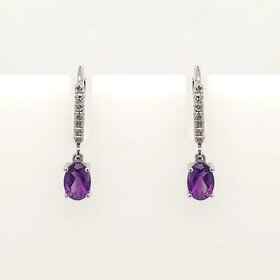 31219 10K WHITE GOLD .10CTW DIAMOND OVAL AMETHYST  HANGING LEVER BACKS EARRING