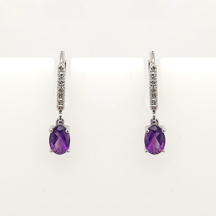 31219 10K WHITE GOLD .10CTW DIAMOND OVAL AMETHYST  HANGING LEVER BACKS EARRING