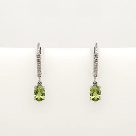 31221 10K WHITE GOLD .10CTW DIAMOND OVAL PERIDOT HANGING LEVER BACKS EARRINGS