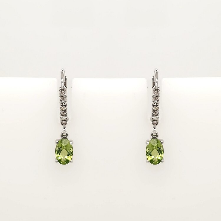 31221 10K WHITE GOLD .10CTW DIAMOND OVAL PERIDOT HANGING LEVER BACKS EARRINGS