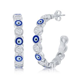 80341 STERLING SILVER CLASSIC ENAMEL BLUE EVIL EYE CUBIC ZIRCONIA PUSH BACKS HOOPS