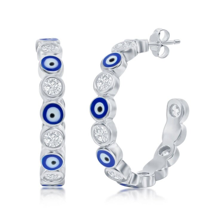 80341 STERLING SILVER CLASSIC ENAMEL BLUE EVIL EYE CUBIC ZIRCONIA PUSH BACKS HOOPS