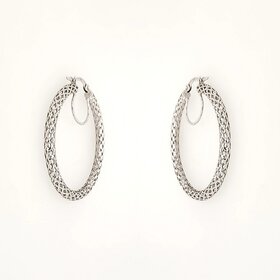 31262 14K WHITE GOLD 1.45" 3MM HIGH POLISH MESH DESIGN TUBE HOOPS