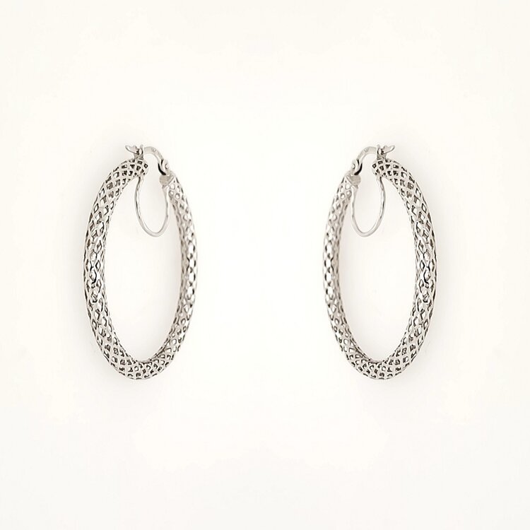 31262 14K WHITE GOLD 1.45" 3MM HIGH POLISH MESH DESIGN TUBE HOOPS