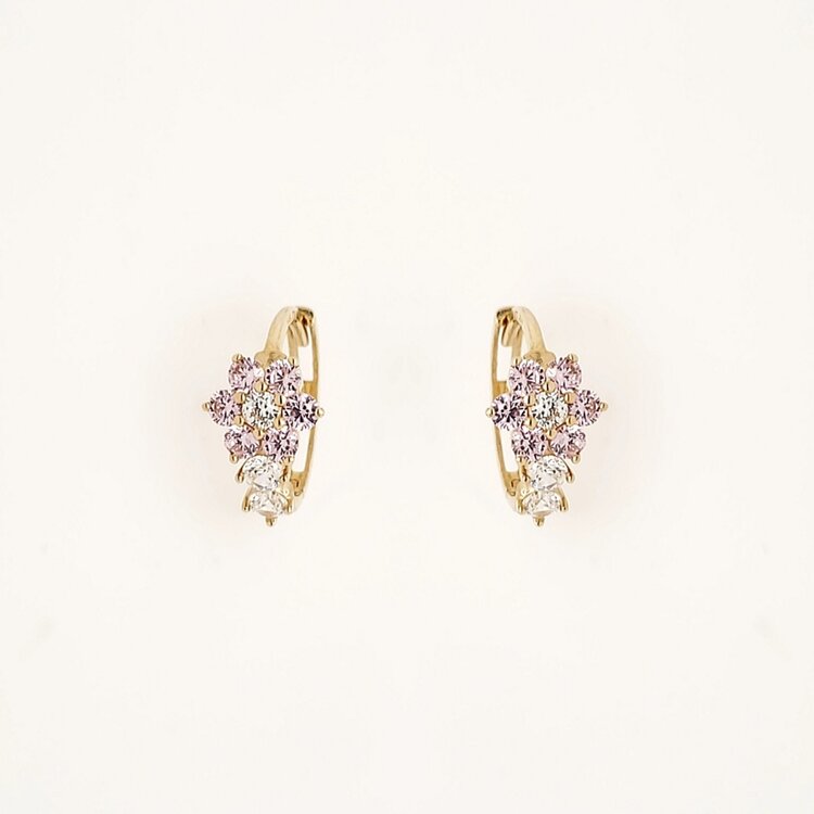 31255 14K YELLOW GOLD CUBIC ZIRCONIA PINK FLOWER HUGGIES