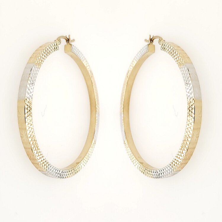 31258 14K TWO TONE 1.90" 3MM  DIAMOND CUT STAR CUTS BIG HOOPS