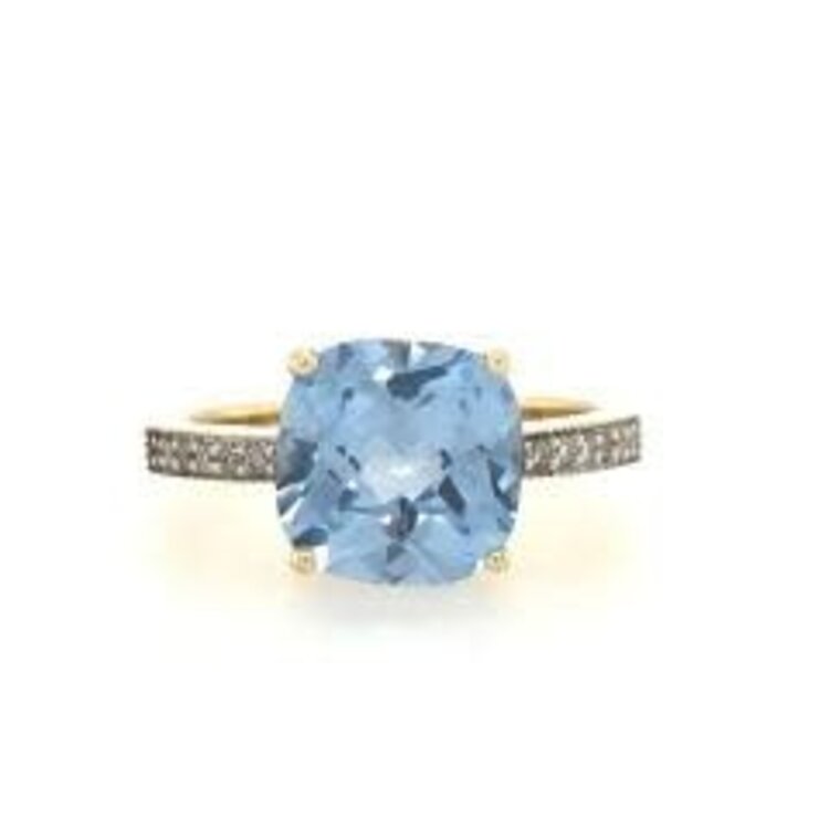 40350 10K YELLOW GOLD CUSHION SHAPE 9MM SYNTHETIC AQUAMARINE WITH .08TCW DIAMOND SHANK RING