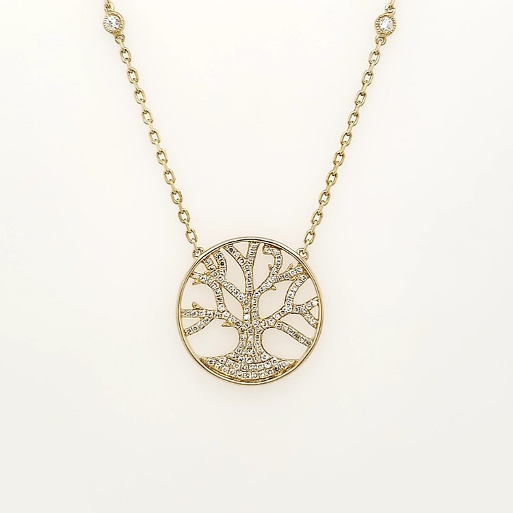 70654 14K YELLOW GOLD .50CTW DIAMOND TREE OF LIFE WITH DIAMOND BY THE YARD MILGRAIN CHAIN NECKLACE