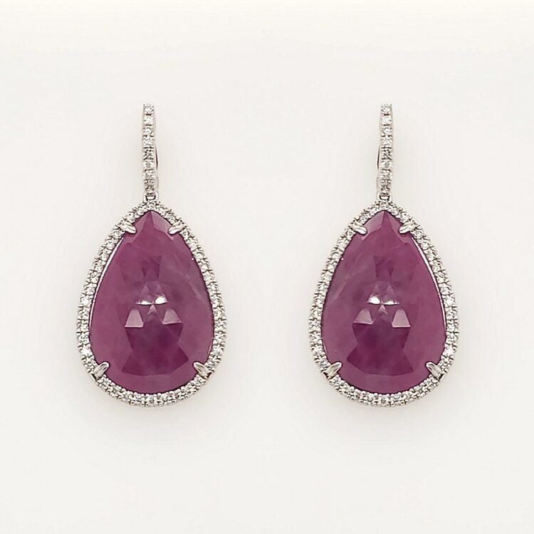 31264 14K WHITE GOLD 1 CT DIAMOND HALO WITH HANGING LARGE PEAR SHAPE RUBY EARRINGS