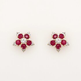 31278 14K YELLOW GOLD .25CTW DIAMOND RUBY FLOWER EARRINGS