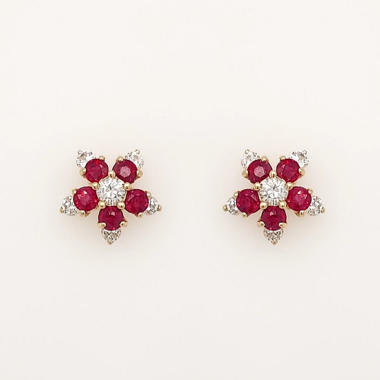 31278 14K YELLOW GOLD .25CTW DIAMOND RUBY FLOWER EARRINGS
