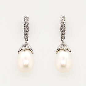 31284 14K WHITE GOLD DIAMOND PEARL DROP EARRINGS